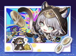  +_+ 1girl animal_ears animal_hood black_gloves black_hood blue_eyes boots cat_ears cat_girl cat_hood cat_tail chibi chibi_only chinese_commentary cipher_(honkai:_star_rail) coin commentary_request fingerless_gloves gloves gold_boots grey_hair honkai:_star_rail honkai_(series) hood long_sleeves looking_down multicolored_hair official_art open_mouth short_hair smile solo streaked_hair tail thigh_boots v-shaped_eyebrows white_hair 