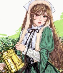  1girl apron black_corset black_ribbon blush brown_hair commentary_request corset dress dual_wielding garden goth_fashion gothic_lolita green_background green_dress green_eyes headscarf heterochromia holding holding_watering_can juliet_sleeves jun89190 lips lolita_fashion long_sleeves neck_ribbon outdoors pixel_art plant puffy_sleeves red_eyes ribbon ribbon-trimmed_sleeves ribbon_trim rozen_maiden solo suiseiseki two-tone_background upper_body watering_can white_apron white_background white_headscarf 