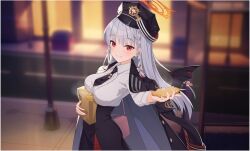  1girl bag black_jacket black_necktie black_skirt blue_archive blurry blurry_background blush braid breasts building center_frills closed_mouth demon_wings depth_of_field evening feeding food frilled_shirt frills game_asset gehenna_academy_logo grey_hair hair_ribbon halo haruna_(blue_archive) hat highres holding holding_food hwansang incoming_food jacket jacket_on_shoulders lamppost large_breasts long_hair long_sleeves looking_at_viewer military_hat military_uniform necktie non-web_source official_art orange_halo outdoors paper_bag peaked_cap reaching reaching_towards_viewer red_eyes ribbon ribbon_braid road self-datamine shirt side_braid single_wing skirt smile solo standing street taiyaki upper_body wagashi white_shirt wings 