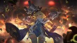  1girl :o arms_up bangboo_(zenless_zone_zero) blonde_hair blue_jacket bomb ethereal_(zenless_zone_zero) explosion explosive fire garter_straps gloves grey_hat hands_up hat hozure jacket large_hat long_hair looking_at_viewer norma_hollowell nuclear_weapon open_mouth shako_cap smoke thigh-highs violet_eyes white_garter_straps white_gloves white_thighhighs zenless_zone_zero 