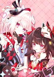  2girls :p absurdres bare_shoulders bell black_choker black_gloves black_hair black_hat black_sash black_sleeves blunt_bangs blush bow breasts choker clothing_cutout collar commentary_request criss-cross_halter detached_sleeves diamond_(shape) diamond_facial_mark dress facial_mark finger_to_face fingernails fox_mask gloves gun halterneck hat hat_bow hat_ornament heart heart_facial_mark highres holding holding_gun holding_weapon honkai:_star_rail honkai_(series) japanese_clothes long_hair long_sleeves looking_at_viewer mask mask_on_head mini_hat multicolored_hair multiple_girls nail_polish neck_bell pink_background pink_eyes plaid_background rabbit_hat_ornament red_collar red_hair red_nails red_sleeves red_streaks ribbon sash shoulder_cutout single_glove smile sparkle_(honkai:_star_rail) sparxie_(honkai:_star_rail) streaked_hair tongue tongue_out top_hat twintails two-tone_sleeves upper_body weapon white_bow white_hair wide_sleeves wrist_ribbon yuyu_shiki07 