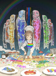  1girl apron brown_hair chef_hat closed_eyes commentary_request cutting_board demizu_posuka fish_(food) hat holding holding_knife knife koinobori original plate rainbow solo windsock 