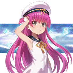  1girl arm_up armpits blue_butterfly blue_sailor_collar blush bow bug butterfly child closed_mouth commentary_request cowboy_shot dress dress_ribbon floating_hair glowing_butterfly grey_eyes hair_between_eyes hat hat_bow highres katou_umi lalaking long_hair looking_at_viewer pink_hair ribbon ripples sailor_collar sailor_dress sailor_hat simple_background smile solo split_mouth summer_pockets two_side_up very_long_hair white_background white_dress white_hat yellow_bow yellow_ribbon 