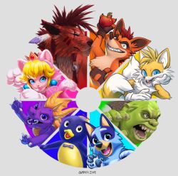  animal_costume animal_ears artist_name bandicoot_boy blue_fur bluey bluey_heeler bow bowtie cat_peach cat_tail claws closed_mouth color_wheel_challenge colored_skin commentary crash_bandicoot crash_bandicoot_(series) crown dog_boy dragon_boy dragon_horns earrings english_commentary fangs final_fantasy final_fantasy_vii fingerless_gloves fox_boy fox_ears fox_tail garolineart gloves green_skin grin highres horns jewelry looking_at_viewer looking_to_the_side multiple_drawing_challenge multiple_tails open_mouth orange_fur pablo_(backyardigans) paw_pose pawpads penguin_boy pink_fur princess_peach propeller_hat purple_scales red_fur red_hair red_xiii scar scar_across_eye scar_on_face screaming shrek shrek_(series) smile sonic_the_hedgehog spyro_(series) spyro_the_dragon super_mario_3d_world super_mario_bros. tail tails_(sonic) the_backyardigans thumbs_up yellow_fur 