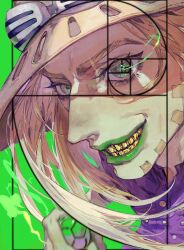  1boy blonde_hair cowboy_hat goggles goggles_on_headwear gold_teeth green_lips grills gyro_zeppeli hat highres horseshoe_hat_ornament horseshoe_ornament jojo_no_kimyou_na_bouken long_hair male_focus solo ss2veuss steel_ball_(jojo) steel_ball_run 