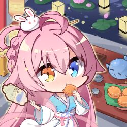  1girl ahoge blue_archive blue_eyes blush chibi chibi_only chinese_clothes chinese_commentary commentary_request cowboy_shot dual_wielding eating feixianji_(hairstyle) festival food food_in_mouth fuyou_lev hair_between_eyes hair_ornament hair_rings hand_fan hanfu heterochromia highres holding holding_fan holding_food hoshino_(blue_archive) hoshino_(mid-autumn_festival)_(blue_archive) jiaoling_ruqun komowata_haruka_(style) lantern long_hair long_sleeves looking_at_viewer mid-autumn_festival mooncake nose_blush official_alternate_costume official_alternate_hairstyle paper_lantern pink_hair pink_shawl rabbit_hair_ornament shawl sidelocks solo very_long_hair water wide_sleeves yellow_eyes 