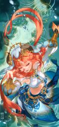  1girl armpits blue_gem bracer breasts brooch circlet closed_eyes commentary_request dancer dancing detached_sleeves fake_horns from_above gem genshin_impact gold_trim harem_outfit highres horns jewelry kippeijii long_hair long_sleeves low_twintails nilou_(genshin_impact) open_mouth puffy_long_sleeves puffy_sleeves red_hair ripples skirt solo twintails veil very_long_hair water white_veil 