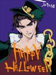  1boy black_hair chain frankenstein&#039;s_monster_(cosplay) green_eyes halloween hat jojo_no_kimyou_na_bouken kuujou_joutarou mapi screw solo stitches 