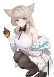  1girl absurdres ahoge animal_ears aqua_eyes aqua_jacket arknights arknights:_endfield arm_under_breasts bare_shoulders bird_ears bird_girl black_gloves black_pantyhose black_shoes blush closed_mouth collared_dress dress full_body gloves grey_hair hand_up highres jacket long_hair looking_at_viewer multicolored_gloves multicolored_jacket off_shoulder open_clothes open_jacket pantyhose perlica_(arknights) remapack77 shoes short_dress simple_background sitting sleeveless sleeveless_dress solo squatting two-tone_gloves two-tone_jacket white_background white_dress white_jacket yellow_gloves yellow_pupils 