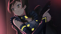  1girl around_corner black_sleeves brown_hair code:escape_(idolmaster) commentary_request detached_sleeves gun handgun holding holding_gun holding_weapon idolmaster idolmaster_million_live! idolmaster_million_live!_theater_days kitazawa_shiho liselsia long_hair looking_to_the_side official_alternate_costume solo turning_head upper_body weapon yellow_eyes 
