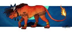  1boy body_markings claws commentary copyright_logo copyright_name english_commentary facial_mark feather_hair_ornament feathers fiery_tail final_fantasy final_fantasy_vii fire full_moon furry furry_male hair_ornament keruriderago logo looking_to_the_side moon pawpads red_fur red_hair red_xiii roman_numeral tail 