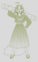  1girl ahoge animal_ears arm_up clenched_hand commentary english_commentary fangs full_body grey_background hair_between_eyes hand_on_own_hip highres holding light_blush long_hair long_skirt long_sleeves looking_at_viewer midriff_peek monochrome open_mouth original over_shoulder pleated_skirt poch4n raccoon_ears raccoon_girl raccoon_tail sailor_collar sailor_shirt shirt shoes sidelocks simple_background sketch skirt smile solo standing tail tanako_(poch4n) tongue 