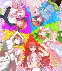  6+girls aged_down ahoge black_pantyhose black_ribbon black_sleeves blue_eyes blue_vest cardigan closed_eyes closed_mouth colored_skin commentary_request dress flower food food_on_face fumitsubusareta_taka go-toubun_no_hanayome green_hairband green_skin hair_ornament hair_ribbon hairband hand_on_own_forehead headphones headphones_around_neck highres holding holding_flower holding_food hug locked_arms long_hair long_sleeves lying multiple_girls nakano_ichika nakano_itsuki nakano_miku nakano_nino nakano_yotsuba open_mouth orange_hair pantyhose pink_hair red_eyes ribbon shirt short_hair sweater_vest two_side_up vest violet_eyes white_dress white_shirt yellow_vest 