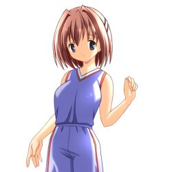  1girl 2000s_(style) basketball_shorts basketball_uniform breasts brown_hair closed_mouth cowboy_shot game_asset gym_uniform hair_between_eyes hair_intakes half_updo hogeroh large_variant_set medium_breasts natsuki_mayu non-web_source ryoujoku_gakuen self-datamine shorts simple_background sleeveless solo sportswear tented_shirt transparent_background variant_set violet_eyes 
