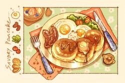  blueberry bowl butter cherry_print cherry_tomato commentary english_commentary english_text food food_focus food_print fork fried_egg fruit fruit_print highres knife lettuce nao_(bestrollever) napkin on_food original pancake plate rabbit sausage spoon strawberry syrup syrup_dispenser tomato wooden_bowl wooden_spoon 