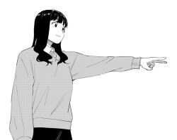  1girl black_hair blunt_bangs collared_shirt commentary_request cropped_legs from_below greyscale hand_up lineart long_hair long_sleeves looking_to_the_side machiinoue monochrome original oversized_clothes oversized_sweater pointing profile shirt simple_background smile solo standing sweater upper_body white_background 