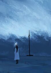  1girl absurdres baseball_cap black_hair blue_archive boots cable cloak clouds from_behind glowing glowing_halo halo hat highres kani_etizen03 long_hair looking_to_the_side off_shoulder ruins saori_(blue_archive) scenery sky solo standing utility_pole white_cloak 