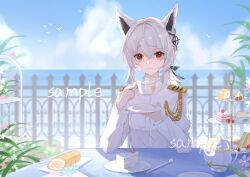  1girl animal_ears cake cake_slice cake_stand check_copyright chinese_commentary closed_mouth commentary_request copyright_request cup desk food fox_ears hair_intakes highres holding holding_cup holding_plate jacket medium_hair ocean orange_eyes original outdoors plate sample_watermark sidelocks simple_bird solo spoon sweets teacup water watermark white_hair white_jacket yanlin_yuanzui_zhi_deng 