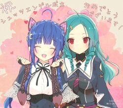  2girls :d ^_^ ahoge animal_ears aqua_hair arm_at_side arm_cutout artist_name assault_lily belt black_bow black_capelet black_necktie black_ribbon black_shirt blue_hair blunt_bangs blush bow braid breasts bridal_gauntlets brown_background brown_bridal_gauntlets buttons capelet cat_ears closed_eyes closed_mouth clothing_cutout commentary_request crescent crescent_hair_ornament cropped_jacket crown_braid dated drill_hair drill_sidelocks facing_viewer fake_animal_ears gradient_background hair_bow hair_ornament hairclip hands_up heads_together heart hotaru_(ultraroly_poly) jewelry lace-trimmed_capelet lace_trim long_hair looking_at_viewer mechanical_ears medium_breasts multiple_girls neck_ribbon necktie parted_bangs pink_background pink_belt pink_bow red_eyes ribbon ring school_uniform shirt side-by-side side_braid side_cape sidelocks smile teeth tetsukawa_toa translation_request tsumaki_natsumi twin_braids twitter_username two-tone_background underbust upper_body upper_teeth_only w_arms white_shirt yurigaoka_girls_academy_school_uniform 