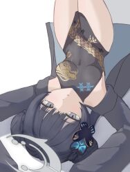  1girl armpits black_dress black_hair black_jacket blue_archive braid braided_bun breasts butterfly_hair_ornament china_dress chinese_clothes commentary dot_nose double_bun dragon_print dress grey_eyes grey_halo hair_bun hair_ornament halo highres jacket kisaki_(blue_archive) legs_together long_hair looking_at_viewer parted_lips pelvic_curtain print_dress simple_background sleeveless sleeveless_dress small_breasts solo thighs twintails upside-down white_background wjjw1732 