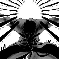  1boy alexander_anderson bent_over cross cross_necklace glasses greyscale hellsing jewelry knife lowres male_focus monochrome necklace oekaki priest solo spread_legs squatting toshimichi_yukari 