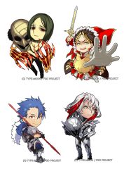  4boys absurdres armor black_bodysuit black_gloves black_hair black_shoes blue_hair blue_pants blue_shirt bodysuit breastplate brown_hair cape claw_(weapon) closed_mouth collared_shirt commentary_request company_name copyright_notice cu_chulainn_(fate) cu_chulainn_(fate/prototype) deformed fat fat_man fate/grand_order fate_(series) fur-trimmed_cape fur_trim gae_bolg_(fate) gaius_julius_caesar_(fate) gauntlets gloves gold_ring green_eyes grey_hair hair_between_eyes hair_ornament hairclip hand_on_own_shoulder helmet highres holding holding_polearm holding_sword holding_unworn_helmet holding_weapon jewelry kyosuke laurel_crown long_hair longinus_(weapon)_(fate) looking_at_viewer looking_to_the_side low_ponytail male_focus multicolored_hair multiple_boys necklace necktie odysseus_(fate) odysseus_(third_ascension)_(fate) official_art open_mouth outstretched_arm outstretched_hand pants parted_hair parted_lips pauldrons phantom_of_the_opera_(fate) polearm ponytail power_suit red_cape red_eyes red_hair red_necktie ring self_hug shirt shoes short_hair short_sleeves shoulder_armor simple_background single_gauntlet smile spear standing streaked_hair sword teeth topless_male unworn_headwear unworn_helmet upper_teeth_only weapon white_background white_shirt yellow_eyes 
