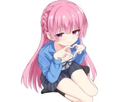 >:) 1girl absurdres black_skirt black_socks blue_jacket blunt_bangs blush braid breasts chinese_commentary closed_mouth commentary_request eyelashes four-finger_heart_hands full_body fuyou_lev hair_between_eyes hands_up heart heart_hands highres jacket long_hair long_sleeves looking_at_viewer miniskirt mitsukasa_ayase no_shoes open_clothes open_jacket pink_hair riddle_joker shirt side_braid sidelocks simple_background sitting skirt small_breasts smile smug socks solo split_mouth straight_hair striped_clothes striped_skirt thigh_gap thighs transparent_background v-shaped_eyebrows vertical-striped_clothes vertical-striped_skirt very_long_hair violet_eyes wariza white_shirt 