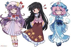  3girls bamboo_print black_hair blue_kimono blunt_bangs blush boots bow bowtie brown_skirt collar crescent crescent_hat_ornament dress floral_print footwear_bow frilled_sleeves frills glasses hair_bow hat hat_bow hat_ornament highres hime_cut houraisan_kaguya japanese_clothes kimono konpaku_youmu konpaku_youmu_(ghost) long_hair looking_at_viewer mary_janes mob_cap multiple_girls multiple_hair_bows myueo42 obi open_clothes open_dress patchouli_knowledge pink_dress pink_eyes pink_hair pink_shirt purple_hair red_eyes saigyouji_yuyuko sash shirt shoes short_hair signature skirt sleeves_past_fingers sleeves_past_wrists smile socks striped_clothes touhou triangular_headpiece vertical-striped_clothes violet_eyes white_background 