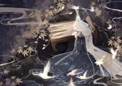  1girl absurdly_long_hair animal artist_name autumn_leaves bird black_hanfu blue_halo capelet chinese_clothes chinese_commentary chinese_hairpin closed_eyes closed_mouth commentary_request crescent_halo expressionless feather-trimmed_capelet from_behind full_body grey_capelet hair_ornament hair_spread_out half_updo halo halo_behind_head hanfu hanowl head_on_table highres leaf light_particles long_hair moonset_(shining_nikki) night nikki_(series) outdoors peacock_feathers pointy_nose shining_nikki sitting sleeping smoke solo straight_hair topknot very_long_hair watermark white_bird white_hair white_rabbit_(animal) yunjian 