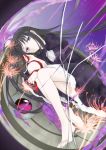  1girl akemi_homura barefoot black_hair blood bloody_tears crack dress estel flower long_hair looking_at_viewer lying mahou_shoujo_madoka_magica on_side ribbon shield solo violet_eyes 