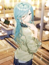  1girl atha_(leejuiping) back blue_eyes blue_hair collared_shirt commentary_request green_shirt grey_skirt highres hinomori_shizuku long_hair looking_at_viewer mole mole_under_mouth one_eye_closed project_sekai shirt skirt smile solo sparkle storefront striped_clothes striped_shirt swept_bangs three-quarter_sleeves too_many_lamps vertical-striped_clothes vertical-striped_shirt 