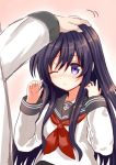  1girl akatsuki_(kantai_collection) arudehido blue_eyes blue_hair kantai_collection long_hair long_sleeves patting_head personification school_uniform serafuku solo 