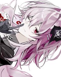  1girl black_flower black_gloves commentary evernight_(honkai:_star_rail) finger_to_mouth flower gloves hair_flower hair_ornament highres honkai:_star_rail honkai_(series) long_hair looking_at_viewer march_7th_(honkai:_star_rail) pink_hair red_eyes shushing sideways simple_background solo v_uo0zzz white_background 
