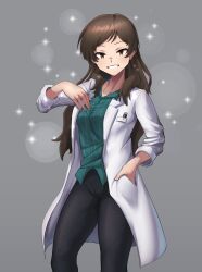  1girl absurdres black_pants breast_pocket breasts brown_eyes brown_hair coat commentary_request doctor feet_out_of_frame green_shirt grey_background grin hand_in_pocket hands_up highres idolmaster idolmaster_million_live! idolmaster_million_live!_theater_days jonero99 kitazawa_shiho lab_coat long_hair long_sleeves looking_at_viewer official_alternate_costume open_clothes open_coat pants pinstripe_pattern pinstripe_shirt pocket shirt simple_background smile solo sparkle standing white_coat 