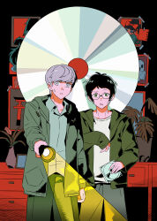  2boys absurdres adachi_tooru black_hair black_jacket cd cd_case collared_shirt commentary_request cowboy_shot flashlight grey_eyes grey_hair grey_shirt greyland215856 highres holding holding_cd holding_flashlight jacket male_focus multiple_boys narukami_yu persona persona_4 plant potted_plant shirt short_hair torii 