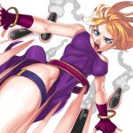  1girl bangle bare_shoulders blonde_hair blue_eyes blue_panties bonne_jenet bracelet breasts choker dress fingerless_gloves flying_kick gloves highleg highleg_panties jewelry kicking king_of_fighters king_of_fighters_xi large_breasts long_hair mark_of_the_wolves missile motion_blur no_bra open_mouth panties purple_dress side_slit skull_and_crossbones solo takoyaki_neko-san thigh_strap underwear 