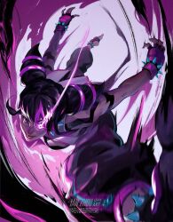 1girl absurdres artist_name baggy_pants black_hair bracelet breasts chinese_clothes drill_hair dudou eye_trail fingerless_gloves flaming_eye gloves glowing glowing_eye hair_horns han_juri highres ian_zhou jewelry kicking light_trail looking_at_viewer motion_blur multicolored_hair pants pink_eyes smile solo spiked_bracelet spikes streaked_hair street_fighter street_fighter_6 toeless_legwear twin_drills violet_eyes 