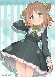  1girl absurdres alternate_costume alternate_hairstyle artist_name blush brown_hair colored_inner_hair commentary diamond-shaped_pupils diamond_(shape) double_bun dress fang fang_out frilled_dress frilled_dress_collar frills hair_bun highres long_sleeves looking_at_viewer melciort multicolored_hair oka_asahi onii-chan_wa_oshimai! orange_hair pinstripe_pattern puffy_long_sleeves puffy_sleeves short_hair smile solo symbol-shaped_pupils thigh_gap twitter_username two-tone_hair 