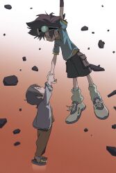  1boy 1girl arm_up arms_up blue_shirt brother_and_sister brown_hair brown_shorts closed_mouth commentary debris digimon digimon_adventure from_side goggles goggles_on_head gradient_background highres holding_hands looking_at_another looking_down looking_up loose_socks mibo_(mibo0121) open_mouth pants profile rock shirt short_hair short_sleeves shorts siblings socks tiptoes untranslatable_commentary yagami_hikari yagami_taichi 