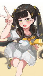  1girl :d absurdres arm_up black_hair blunt_bangs blurry blush brown_sailor_collar commentary_request depth_of_field dress eyelashes floating_hair foreshortening gradient_background hair_behind_ear hair_ornament hairclip happy highres jtmika long_hair looking_at_viewer make_heroine_ga_oo_sugiru! mary_janes momozono_junior_high_school_uniform neckerchief nukumizu_kaju open_mouth outstretched_hand parallel_hairclips sailor_collar sailor_dress school_uniform serafuku shoes short_dress short_sleeves sidelocks simple_background smile socks solo twintails v very_long_hair white_background white_dress white_shoes yellow_background yellow_eyes yellow_neckerchief yellow_socks 
