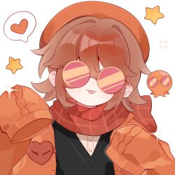  1girl :3 androgynous animification artist_request black_sweater_vest blush brown_hair cardigan commission eyewear_on_head flipped_hair hardcore_heart hat heart highres lifesteal_smp minecraft_youtube open_cardigan open_clothes orange_cardigan orange_hat red_scarf round_eyewear scarf second-party_source short_hair sleeves_past_wrists smile solo spoken_heart squiddo sunglasses sweater_vest tongue tongue_out variant_set white_background 
