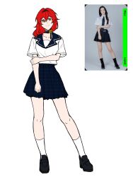 1girl alternate_costume bright_pupils checkered_clothes choker collar commentary english_commentary flower full_body hand_on_own_elbow headband highres himeko_(honkai:_star_rail) honkai:_star_rail honkai_(series) loafers looking_at_viewer medium_hair pose_imitation red_hair reference_inset rose school_uniform shirt shoes simple_background skirt smile socks white_background yellow_eyes yunzi93331 