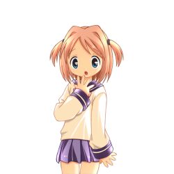  1girl 2000s_(style) blue_eyes blue_skirt blush bow brown_hair cowboy_shot game_asset hair_intakes hands_up harukaze_yayoi_(ryoujoku_gakuen) hogeroh large_variant_set long_sleeves miniskirt non-web_source open_hand open_mouth pink_bow pleated_skirt ryoujoku_gakuen ryoujoku_school_uniform school_uniform self-datamine serafuku simple_background skirt solo spread_fingers standing surprised swept_bangs tareme transparent_background two_side_up variant_set wide-eyed 
