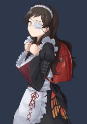  1girl apron backpack bag black_dress blue_background brown_hair closed_mouth commentary_request cowboy_shot dress eyepatch from_side highres holding_strap idolmaster idolmaster_million_live! idolmaster_million_live!_theater_days kitazawa_shiho kitazawa_shiho_(depths_of_twilight_maid) liselsia long_hair long_sleeves looking_at_viewer looking_to_the_side maid_headdress medical_eyepatch official_alternate_costume randoseru red_bag simple_background solo white_apron yellow_eyes 