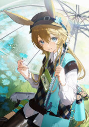  1girl amiya_(arknights) animal_ears arknights bag blue_bag blue_eyes blue_flower brown_hat commentary flower green_socks hair_between_eyes hat hat_flower highres holding holding_flower holding_umbrella igawa_hikaru long_hair long_sleeves looking_at_viewer outdoors parted_lips shirt shoes sitting smile socks solo transparent transparent_umbrella umbrella white_shirt white_shoes 
