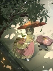  1girl absurdres black_hair bo_(bouillustration) breasts brown_eyes closed_mouth commentary_request erika_(pokemon) hairband hakama highres holding holding_umbrella japanese_clothes kimono long_sleeves oil-paper_umbrella pokemon pokemon_(creature) pokemon_firered_and_leafgreen red_hairband red_hakama sandals short_hair skirt smile socks tree umbrella vileplume walking white_socks yellow_kimono 