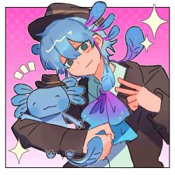  1boy a4ne0ru56-12-2 animification ascot axolotl blue_hair border brown_hat brown_jacket chinese_commentary commentary_request creature_and_personification fantst fedora fins gradient_ascot gradient_background grey_eyes hat head_fins highres jacket looking_at_viewer male_focus minecraft_youtube notice_lines open_clothes open_jacket personification shirt short_hair solo sparkle unstable_universe v white_border white_shirt 