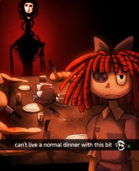  1girl artist_name bow bowl bowl_stack button_eyes buttons censored_profanity commentary creepypasta english_commentary english_text frown hair_bow highres knife plate ragatha_(the_amazing_digital_circus) red_background red_hair short_hair snapchat table tadc_censor_bar the_amazing_digital_circus triangle_nose ultr00x unamused 