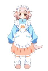  1girl 2000s_(style) animal_ears apron baggy_clothes bk_(barakoodra) blush bow commentary dog_ears dog_girl dog_tail dot_nose english_commentary full_body looking_at_viewer original skirt sleeves_past_wrists solo tail white_background zipper_pull_tab 