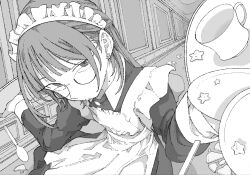  1girl apron broken_plate collared_dress cup dress dropping earrings glasses hair_behind_ear half_updo hallway highres indoors jewelry juliet_sleeves long_hair long_sleeves looking_at_viewer maid maid_apron maid_headdress mole mole_on_neck nemaki_haru original perspective plate puffy_sleeves solo spoon star_(symbol) star_earrings teacup 